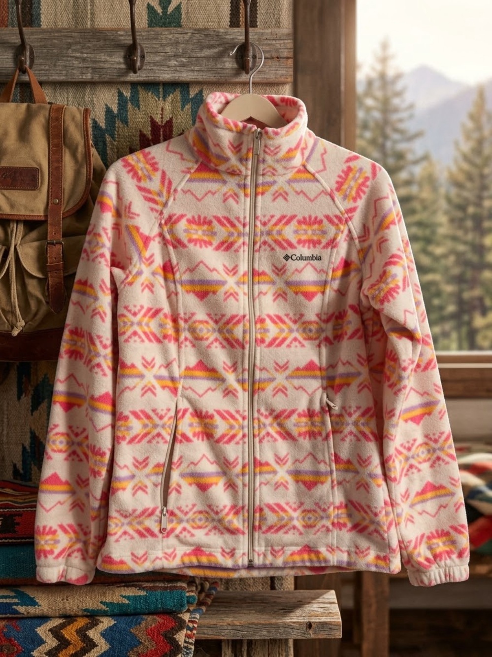 Columbia Cream Teddy Jacket with Pink and Yellow Aztec Print